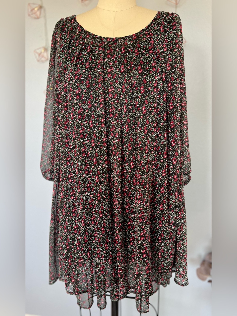 Black Floral Tunic Dress with Red Accents